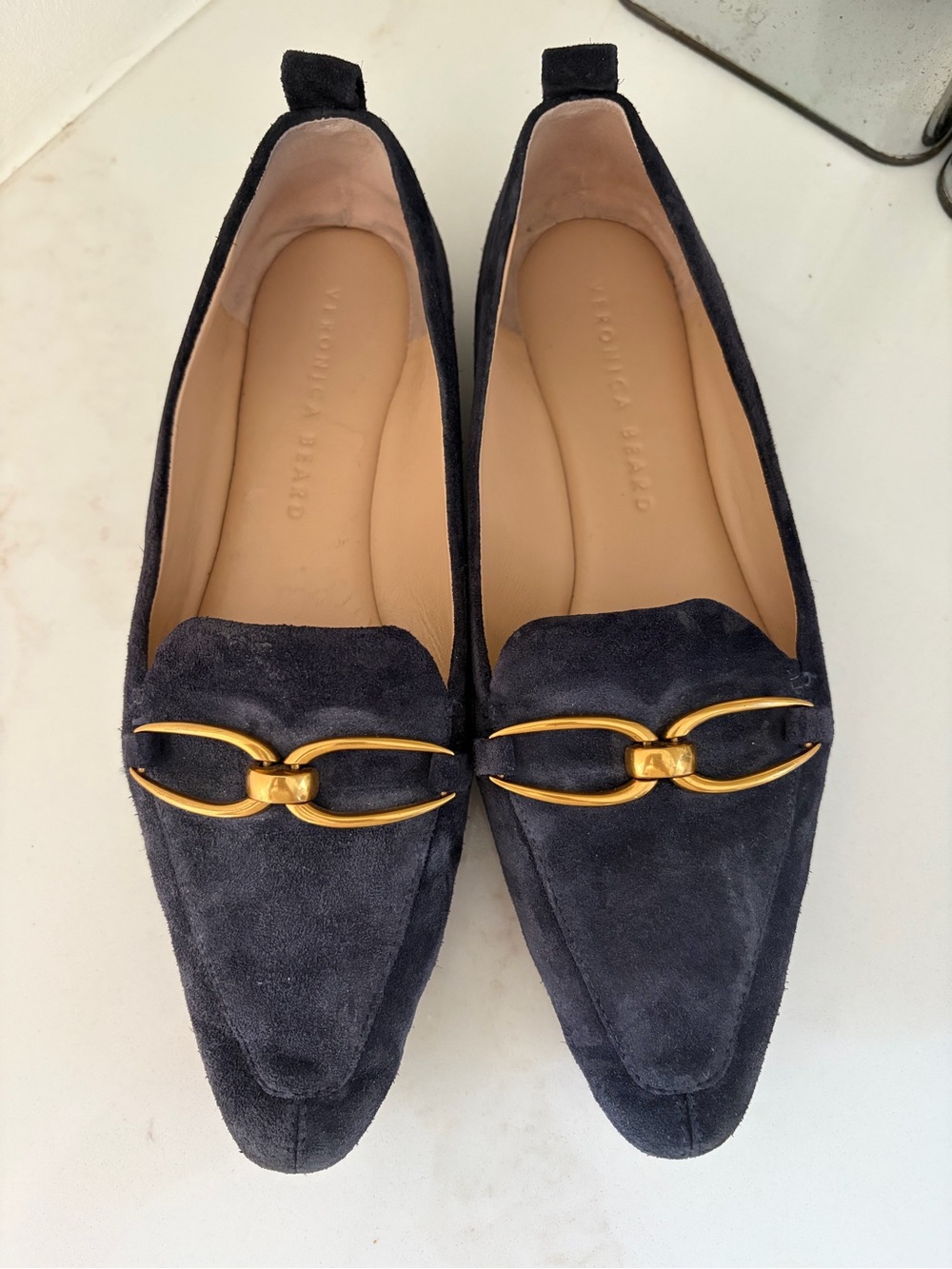 Veronica Beard Navy Suede Loafers with Gold Chain Accent